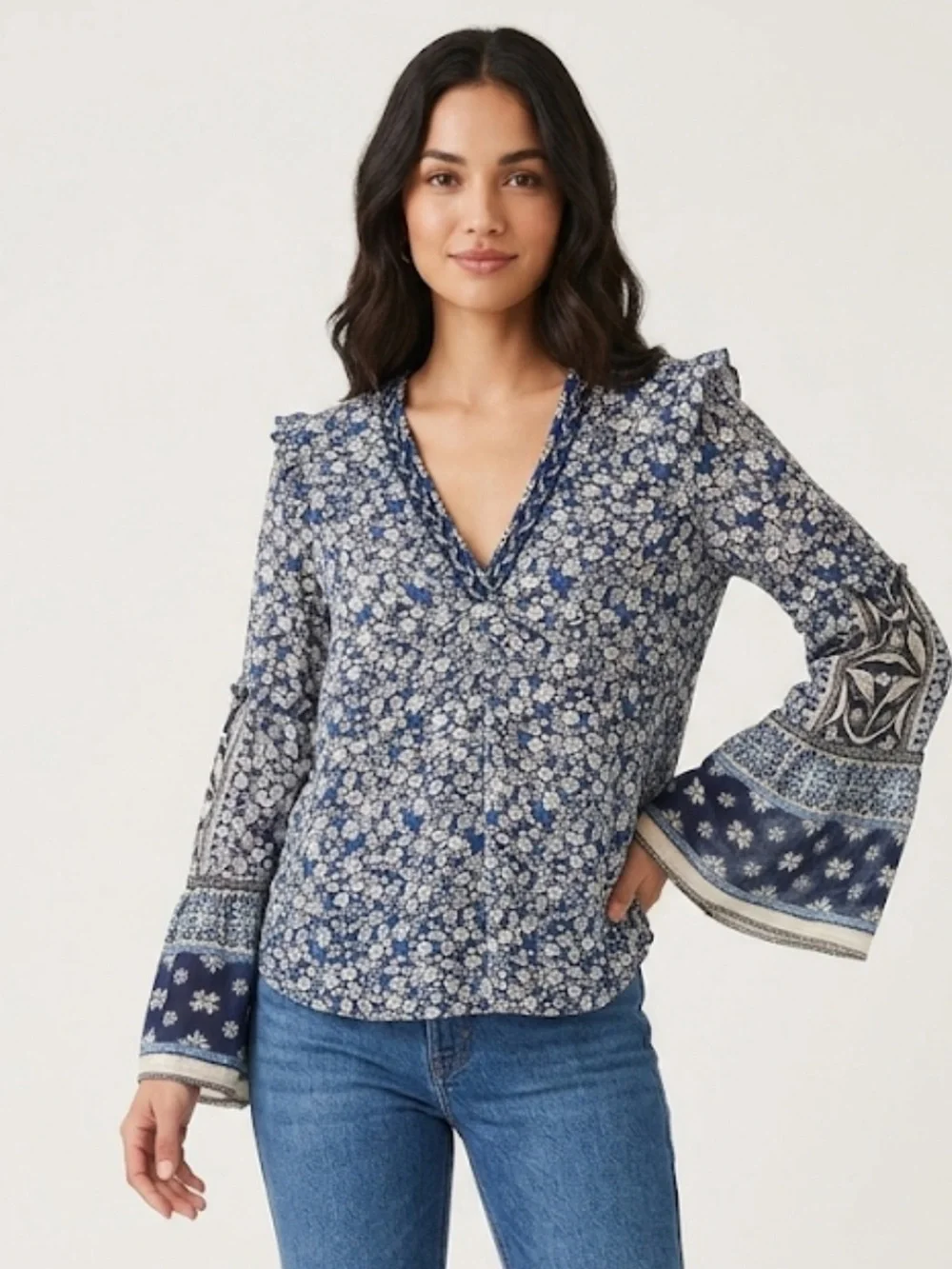 Hale Bob Floral V-Neck Bell Sleeve Blouse - Picture 1 of 9